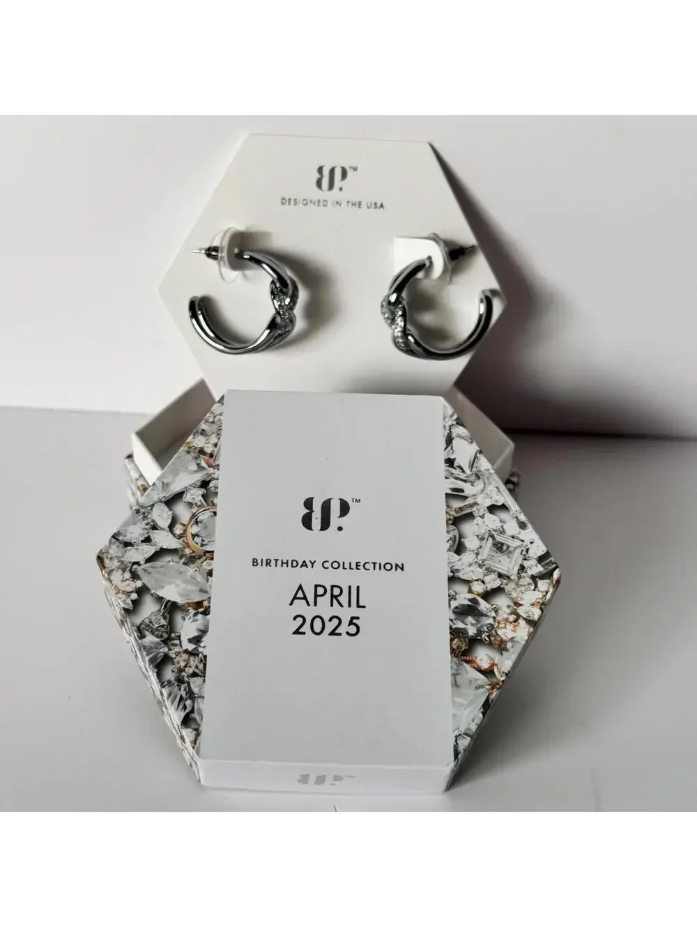 Bomb Party April Hoop Earrings “We Love The Details” Clear CZ on Hematite